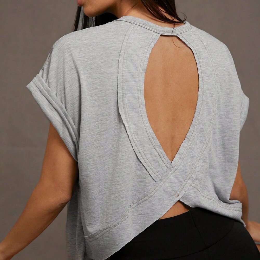 Grey Casual Women's Round Neck Hollow Out Short Front Long Back T-Shirt - Picture 3 of 7